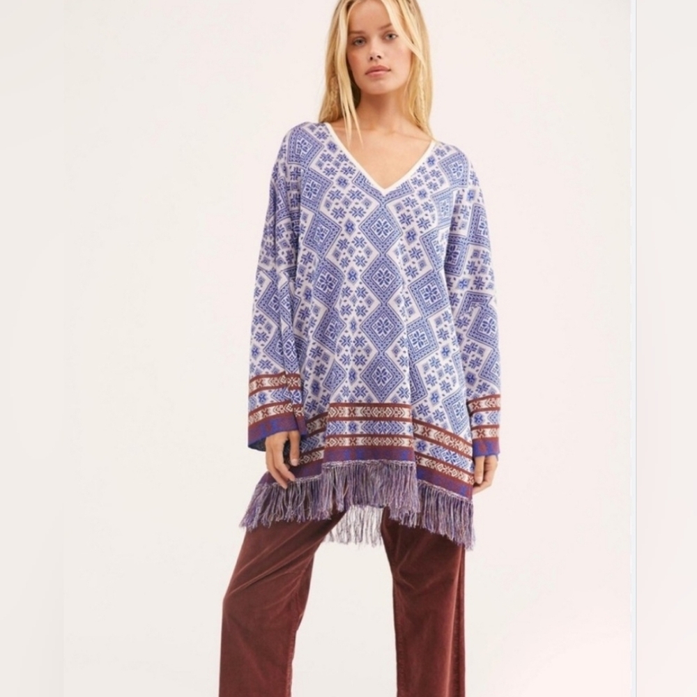 Free People It's A Cinch Oversized Poncho Fringe Boho Tunic Geometric XS Blue